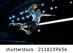 Small photo of Handball player players in action. Sports banner. Attack concept with copy space