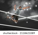 Volleyball player players in action. Sports banner. Attack concept with copy space