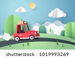 paper art of red car move along ... | Shutterstock .eps vector #1019993269
