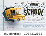 paper art of school bus jumping ... | Shutterstock .eps vector #1034212936