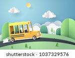 paper art of school bus running ... | Shutterstock .eps vector #1037329576