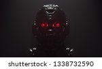 Cyborg with red luminous eyes on black background. Front view of science fiction cyborg with a shiny dark metal. Robot with artificial intelligence. Robot man with artificial metal face. 3D rendering.