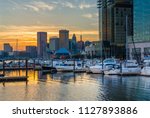 The Inner Harbor at sunset, in Baltimore, Maryland