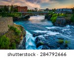 Spokane Falls and view of buildings in Spokane, Washington.
