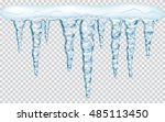 Hanging translucent icicles with snow in blue colors on transparent background. Transparency only in vector file