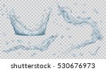 Set of translucent water splashes, drops and crown in light blue colors, isolated on transparent background. Transparency only in vector file.