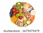 Small photo of Healthy food pie chart isolated on white background. Food sources of carbohydrates, proteins and fats in proper proportions for diet, healthy eating and nutrition planning. Top view