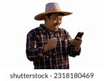 Portrait of happy asian smart farmer using mobile smartphone isolated over white background.