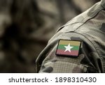 Flag of Myanmar and also known as Burma on military uniform. Army, armed forces, soldiers. Collage.