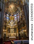 Small photo of Interior of the Cathedral de Lugo in Galicia Spain. Nave with the high altar of neoclassic eighteenth century and paintings on the ceiling