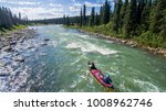 Aerial shot of a group paddling down the Nahanni River in Northwest Territories, Canada.