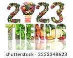 2023 trends made of fruits and vegetables including a light bulb icon