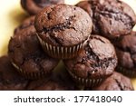 Chocolate muffins with crispy top (selective focus)