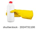 Cleaning concept - yellow rubber protective gloves hold cleaning agent bottle isolated on white background. Cleaning Service Worker. File contains clipping path.