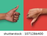 Collage of black hands showing thumb up and down at green and red background, copy space. Approval and disagreement gestures. Mockup for survey or poll