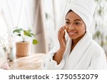 Small photo of Face Massage. Beautiful African American Girl Touching Her Soft Skin After Bath, Massaging For Better Lifting And Elasticity, Free space