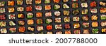 Small photo of Creative Banner For Food Delivery With Multiple Lunch Boxes With Tasty Healthy Meals, Lots Of Plastic Containers With Delicious Eats Flat Lay Over Black Background, Collage, Panorama, Top View