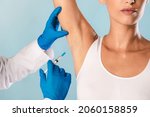 Small photo of Hyperhidrosis Treatment. Woman receiving underarm shot. Armpit injections to prevent excessive sweating, cropped. Plastic surgeon in gloves making jab at arm pits against profuse perspiration disorder