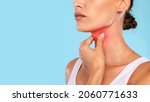 Small photo of Healthcare, Cold and People Concept. Closeup of unrecognizable sick woman suffering from sore throat, ill lady touching neck with hand, inflamed red zone, banner, panorama, free copy space