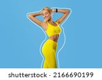 Healthy diet, sport for weight loss concept. Happy young blonde woman in sportswear demonstrating perfect slim body on blue studio background, collage with outlines of overweight silhouette