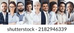 Small photo of Group of millennial multiracial business professionals cheerful attractive men and women in formal outwear smiling at camera, set of closeup headshots, collage, web-banner, business globalization
