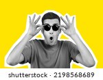 Excited young man in t-shirt touching his eyeglasses, mouth open, amazed guy looking at amazing offer or deal, yellow studio background, collage, black and white people on colorful backgrounds