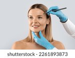 Small photo of Middle aged attractive blonde woman attending aesthetic clinic, unrecognizable doctor plastic surgeon making pre surgery marks on adult lady face before beauty procedure, copy space