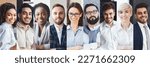 Small photo of Collage of portraits of happy multiracial young business people beautiful men and women in formal outwear posing outdoors and indoors, panorama, success in business for millennials
