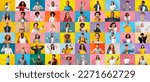 Small photo of Cheerful surprised happy excited millennial and adult multiethnic people gesticulate, laugh and show signs with hands isolated on colorful background. OK, love, ad and idea. Success, fun and victory