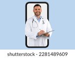 Small photo of Telemedicine, appointment with doc online. Friendly middle aged doctor with clipboard and stethoscope at huge smartphone screen, isolated on blue background, collage