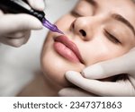 PMU Concept. Professional Permanent Makeup Artist Doing Lip Blushing Procedure To Young Woman, Tattooing Contour Of Her Lips, Closeup Shot Of Attractive Female Getting Cosmetic Tattoo In Beauty Salon