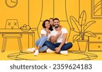 Small photo of Cheerful young caucasian parents and daughter hugs, enjoy buy new home in living room interior with drawn furniture, isolated on yellow studio background. Mortgage, dreams of own house, moving