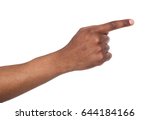 Black male hand point finger. Hand gestures - man pointing on virtual object with forefinger, isolated on white background