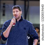 Small photo of ODESSA, UKRAINE - February 16, 2019: Interview of captain of Ukrainian national basketball team Vyacheslav Kravtsov during opening of children's championship. Basketball player Vyacheslav Kravtsov