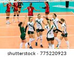 Small photo of ODESSA, UKRAINE - September 12, 2017: 2018 CEV Volleyball Cup - Women. Played Khimik YUZHNY (Ukraine) - white and Zesar VFM Franches-Montagnes (Switzerland) - red. Stressed women's volleyball game