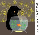 A Black Cat Looks At A Goldfish ...