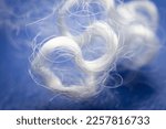 Small photo of Extreme macro of polyester stable fiber on blue background. Selective focus, shallow depth of field. Abstract dreamy background