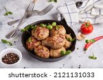 Pork cutlets from minced meat. Pan-fried meatballs. Healthy dinner for the family. 