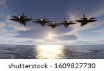 f35 jets flypast formation over the ocean low attitude flying 3d render