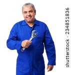 Small photo of portrait of a mechanic holding a monkey wrench