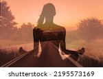 Small photo of Finding your inner peace, getting away form it all, and free your mind concept. Woman meditating facing a empty country road.
