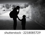 Small photo of Young single father child having problems, suffering from hardship, divorce, loos of a loved one.