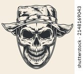 Military skull monochrome vintage logotype infantry soldier in babylon jungle boonie panama hat smile army dead man vector illustration