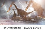 
3D Illustration of a concept destruction of dinosaurs by a falling meteorite, 3d render
