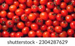 Small photo of Many cherry red tomatoes flat lay photo. Top close up view vegetable vegan diet. Fresh ration organic ration vitamin source photo
