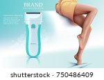Colored and realistic banner with depilation by electric razor. hair removal on the body. woman composition with tool and woman figure vector illustration