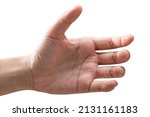 Small photo of Close up woman hand holding something like a bottle or can isolated on white background with clipping path.