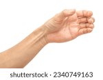 Small photo of Close up male hand holding something like a bottle or can isolated on white background with clipping path.