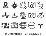 Map vector illustration icon set. Included the icons as pin, nearby, direction, position, ways, navigation and more.