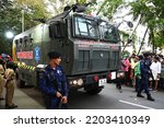 Small photo of Trivandrum, Kerala, India, September 12, 2022: Parade of Kerala Police Force on the last day of the Onam celebrations in the city. Medium Level Armoured Troop Carrier of Thunderbolts.